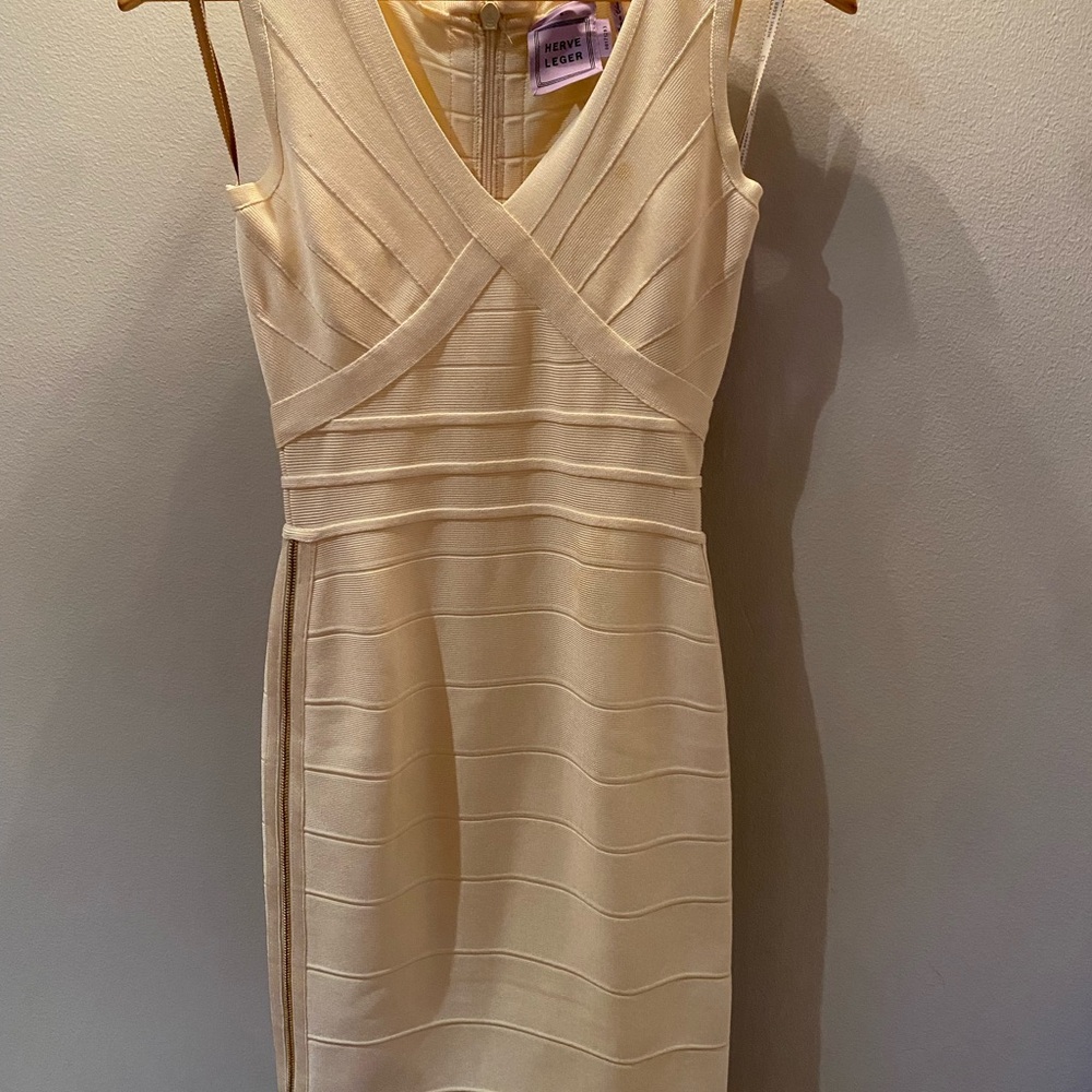 Herve Leger Cream Bandage Dress with gold zipper detailed sides